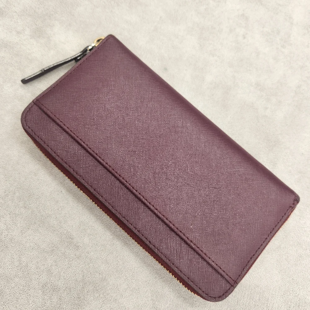 Kate Spade Zip Around Wallet Plum Purple Saffiano Leather Neda Laurel Way Logo
